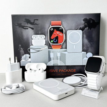 Комплект Ultrа Pro 6в1 - Watch Ultra 8 / Air Pro 2 / Battary Pack / MagSafe / 20W Type-С / Кабель 3х / Ремінець (Білий)