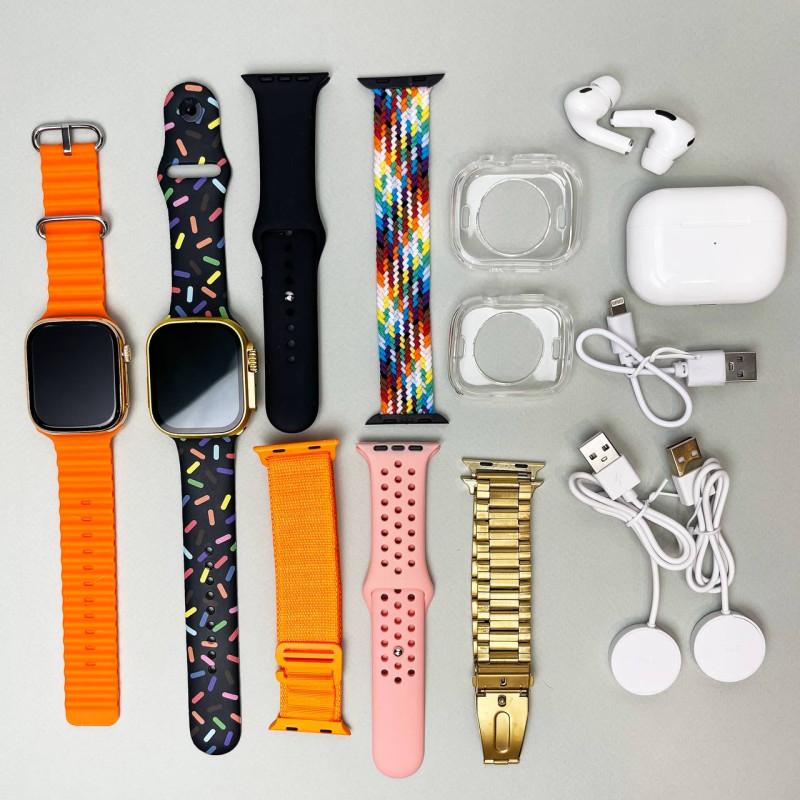 Комплект i60 - Watch Ultra 2 / Smart Watch 9 / Air Pro 2 / 7 ремінців / 2 захисних чохла (Помаранчевий)