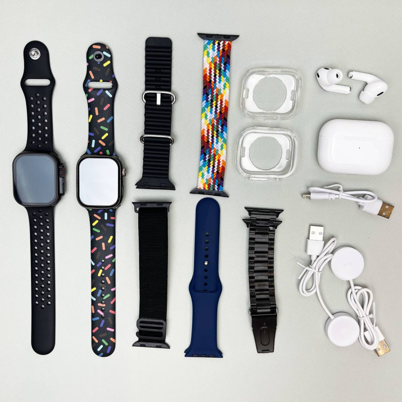 Комплект i60 - Watch Ultra 2 / Smart Watch 9 / Air Pro 2 / 7 ремінців / 2 захисних чохла (Чорний)