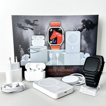 Комплект Ultrа Pro 6в1 - Watch Ultra 8 / Air Pro 2 / Battary Pack / MagSafe / 20W Type-С / Кабель 3х / Ремінець (Чорний) UA