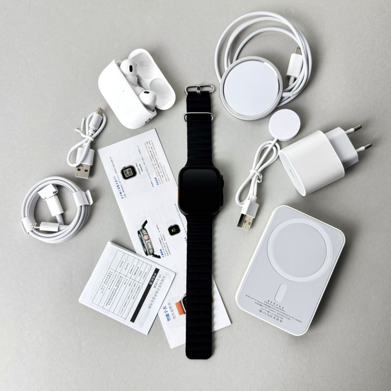 Комплект Ultrа Pro 6в1 - Watch Ultra 8 / Air Pro 2 / Battary Pack / MagSafe / 20W Type-С / Кабель 3х / Ремінець (Чорний) UA