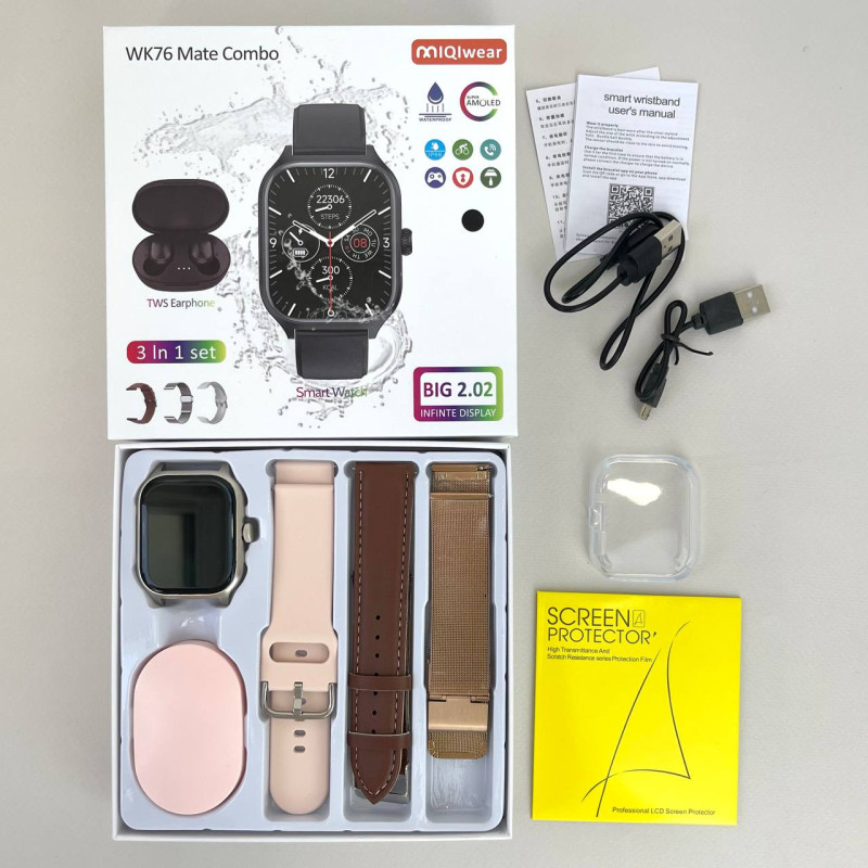 Комплект WK76 - Smart Watch / Навушники Air Dots / 3 ремінці / Захисний чохол та плівка (Рожевий)