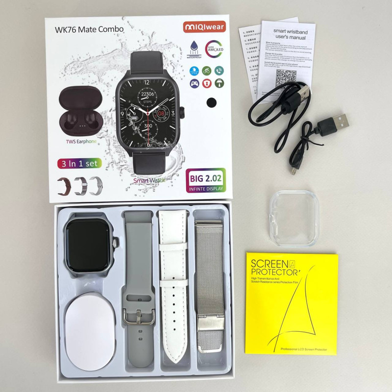 Комплект WK76 - Smart Watch / Навушники Air Dots / 3 ремінці / Захисний чохол та плівка (Сірий)