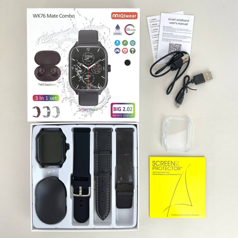 Комплект WK76 - Smart Watch / Навушники Air Dots / 3 ремінці / Захисний чохол та плівка (Чорний)
