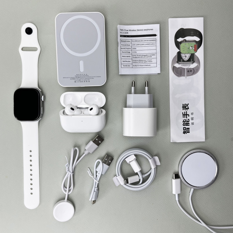 Комплект Megabox 6в1 - Watch 9 / Air Pro 2 / Battary Pack / MagSafe / 20W Type-С / Кабель 3х / Ремінець (Білий) UA