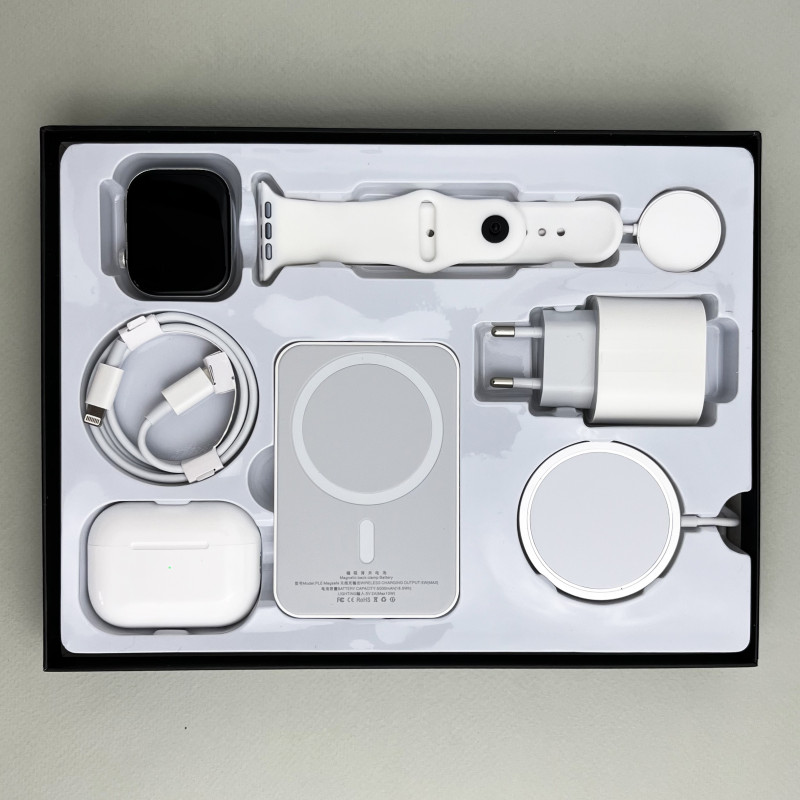 Комплект Megabox 6в1 - Watch 9 / Air Pro 2 / Battary Pack / MagSafe / 20W Type-С / Кабель 3х / Ремінець (Білий) UA
