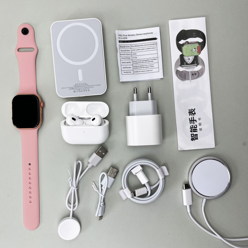 Комплект Megabox 6в1 - Watch 9 / Air Pro 2 / Battary Pack / MagSafe / 20W Type-С / Кабель 3х / Ремінець (Рожевий) UA