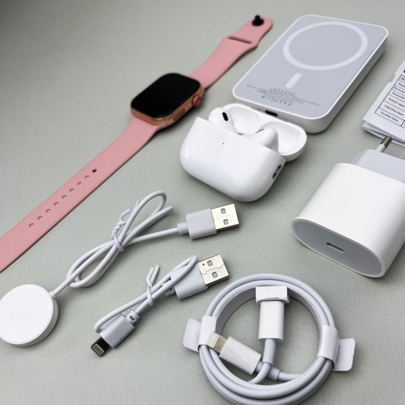 Комплект Megabox 6в1 - Watch 9 / Air Pro 2 / Battary Pack / MagSafe / 20W Type-С / Кабель 3х / Ремінець (Рожевий) UA