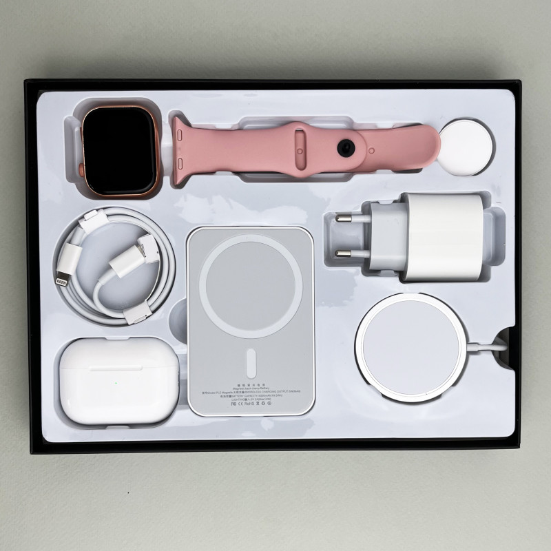 Комплект Megabox 6в1 - Watch 9 / Air Pro 2 / Battary Pack / MagSafe / 20W Type-С / Кабель 3х / Ремінець (Рожевий) UA