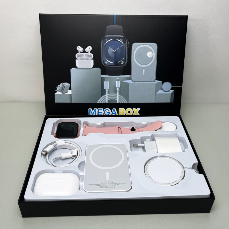 Комплект Megabox 6в1 - Watch 9 / Air Pro 2 / Battary Pack / MagSafe / 20W Type-С / Кабель 3х / Ремінець (Рожевий) UA