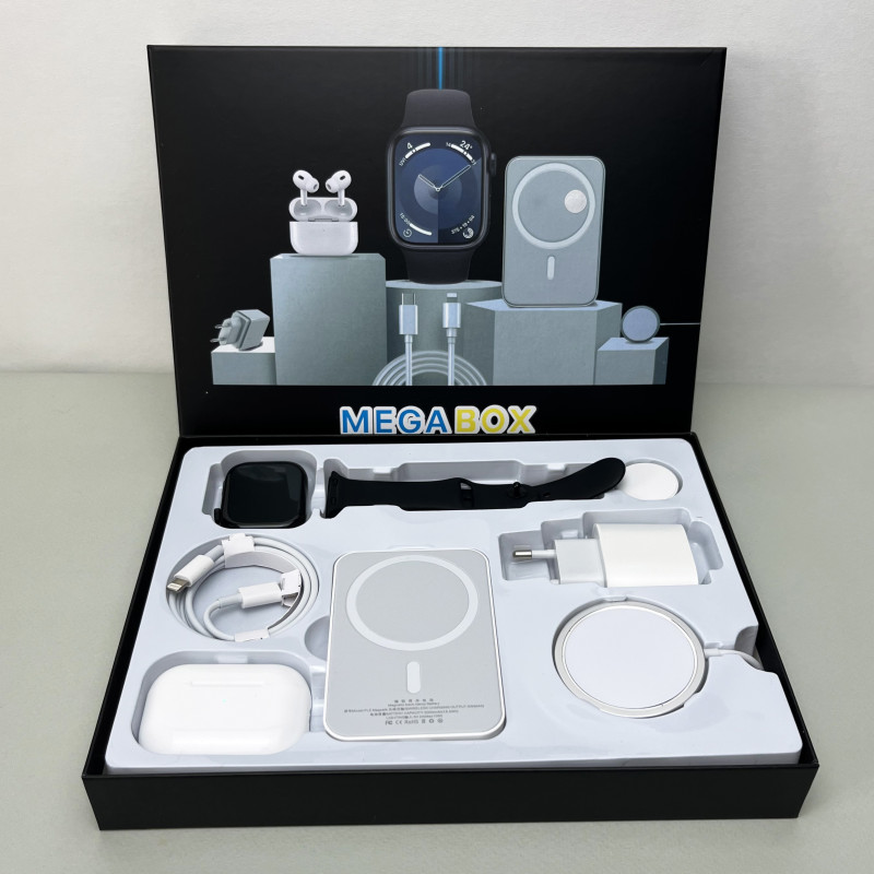 Комплект Megabox 6в1 - Watch 9 / Air Pro 2 / Battary Pack / MagSafe / 20W Type-С / Кабель 3х / Ремінець (Чорний) UA