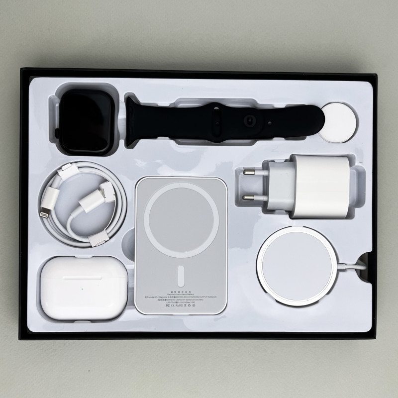 Комплект Megabox 6в1 - Watch 9 / Air Pro 2 / Battary Pack / MagSafe / 20W Type-С / Кабель 3х / Ремінець (Чорний) UA