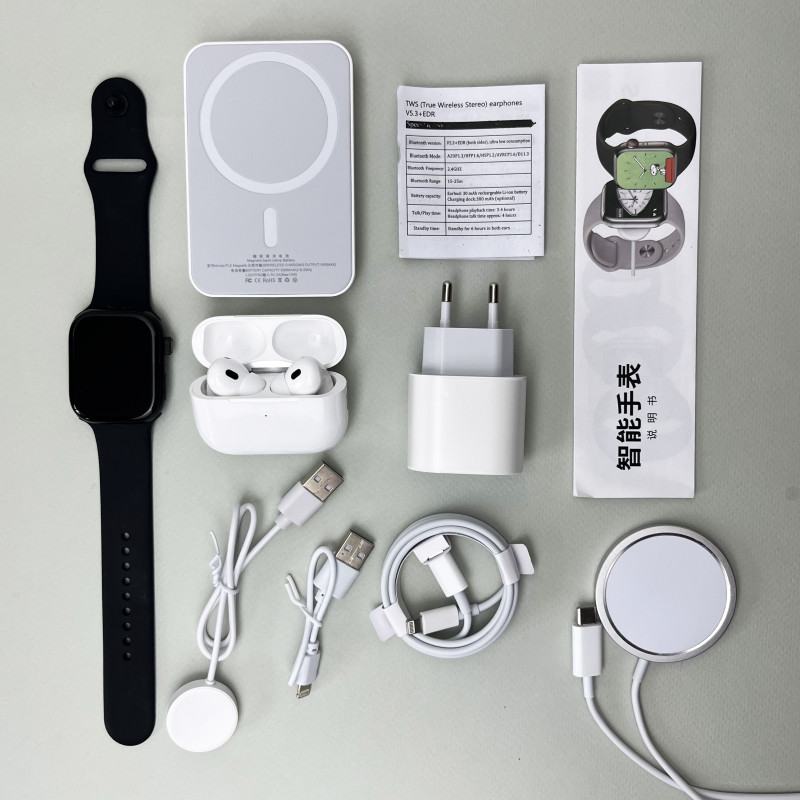 Комплект Megabox 6в1 - Watch 9 / Air Pro 2 / Battary Pack / MagSafe / 20W Type-С / Кабель 3х / Ремінець (Чорний) UA
